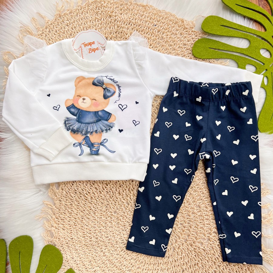 Conj. Blusa Manga Longa Ursinha Bailarina e Calça Legging Corações - Off White e Marinho